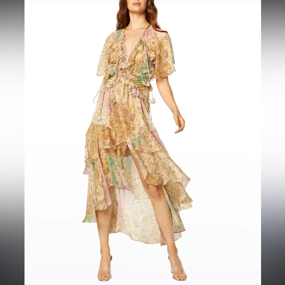 Misa Alana Floral Patchwork Ruffle Midi Maxi Dress Size Large